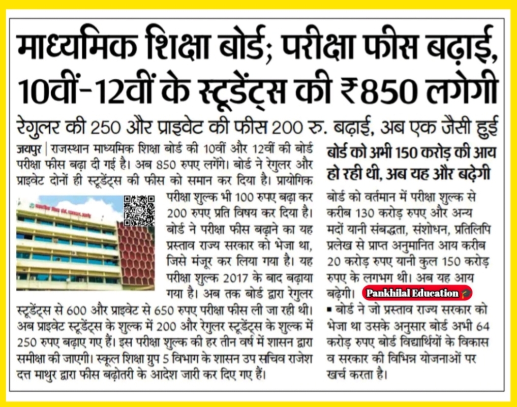 Rajasthan Board Exam Fees 2025